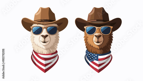 Two stylish llamas in cowboy hats and sunglasses, exuding a fun, adventurous spirit with patriotic elements.