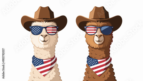 Two stylish llamas wearing cowboy hats and sunglasses, showcasing a fun and patriotic theme with American flags.