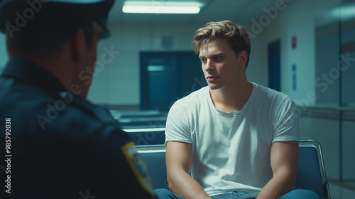 young man dressed with white t-shirt and jeans talks to police officer in a waiting room of the hospital