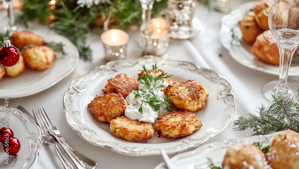 traditional hanukkah foods served with elegance and beautifully set on table traditional hanukkah foods served with elegance and beautifully set on table