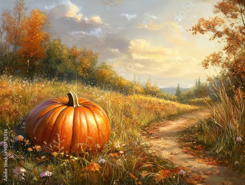 autumn garden with large orange pumpkin in the field