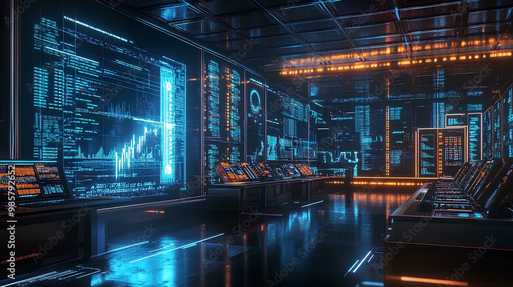 A futuristic, high-tech control room filled with glowing screens, digital displays, and advanced equipment, creating a sleek, immersive environment. A futuristic, high-tech control room filled with glowing screens, digital displays, and advanced equipment, creating a sleek, immersive environment.