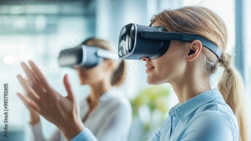 Two Women Experiencing Virtual Reality With Headsets photo