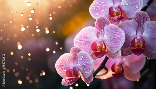 orchid flowers with dew drops; a natural, photo, macro, concept of freshness of nature's image for design and wallpaper background