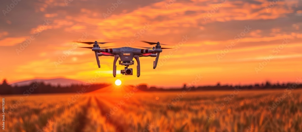 Drone flying over golden wheat field at picturesque sunset landscape with dramatic clouds in the sky Advanced agricultural technology and automated farming equipment concept Drone flying over golden wheat field at picturesque sunset landscape with dramatic clouds in the sky Advanced agricultural technology and automated farming equipment concept