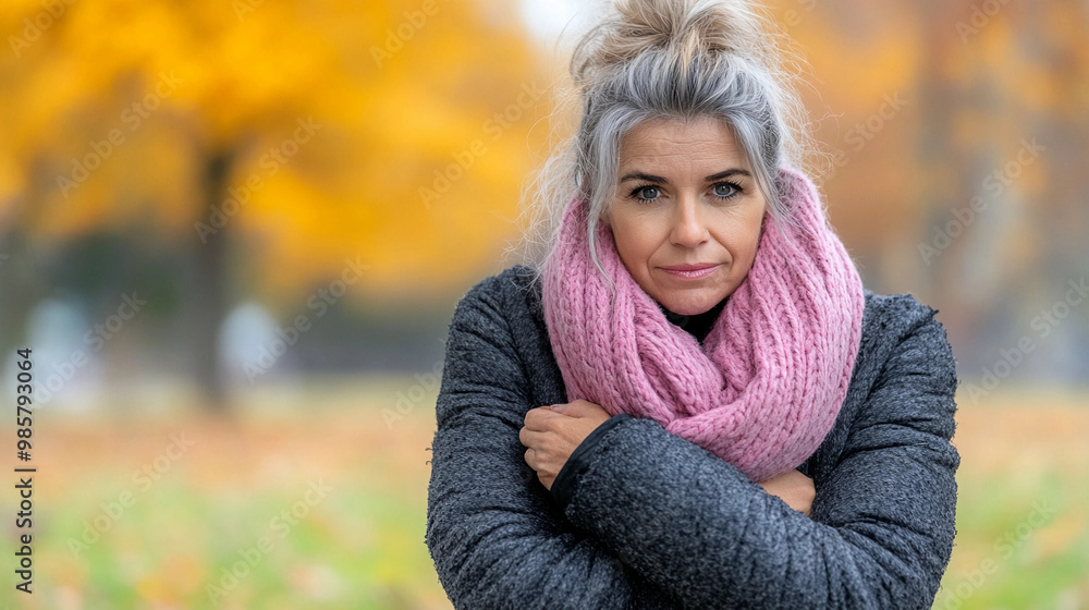 A woman wearing a pink scarf and a black coat is standing in a park. She looks cold and is shivering A woman wearing a pink scarf and a black coat is standing in a park. She looks cold and is shivering