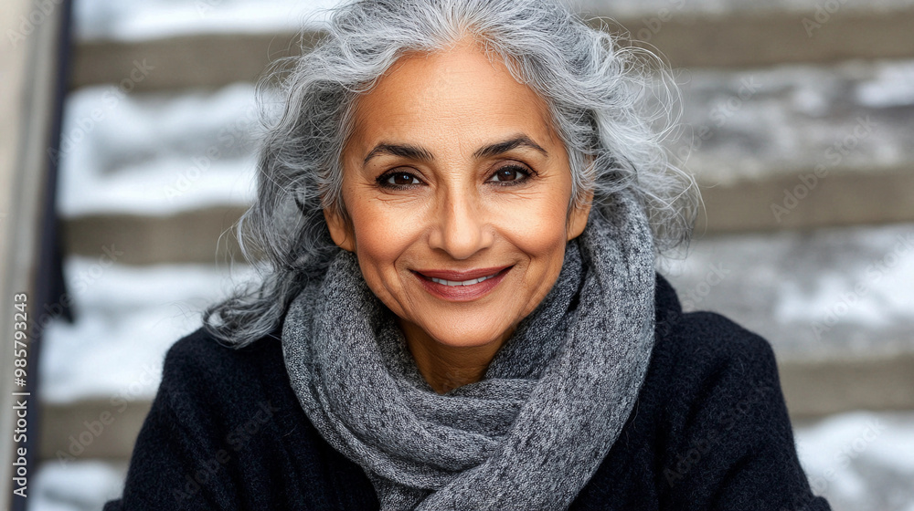 A woman with gray hair is smiling and wearing a gray scarf. She is sitting on a staircase A woman with gray hair is smiling and wearing a gray scarf. She is sitting on a staircase