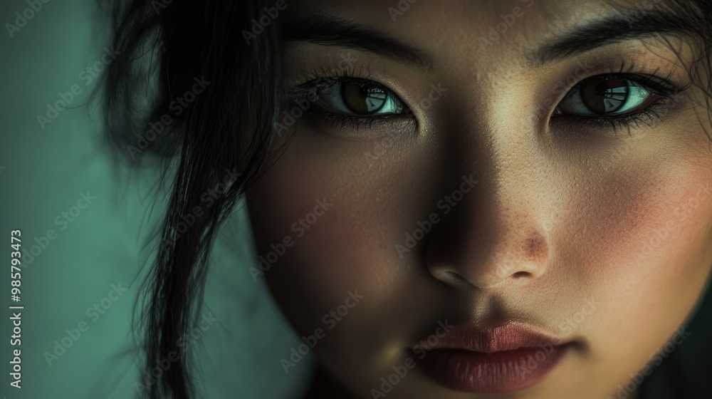 Close-up portrait of a woman with dark hair and brown eyes Close-up portrait of a woman with dark hair and brown eyes