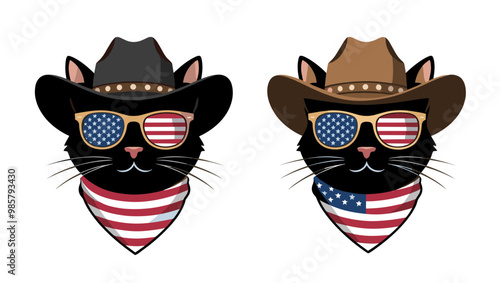 Stylish cartoon cats with sunglasses and bandanas, celebrating American culture in a fun cowboy theme.