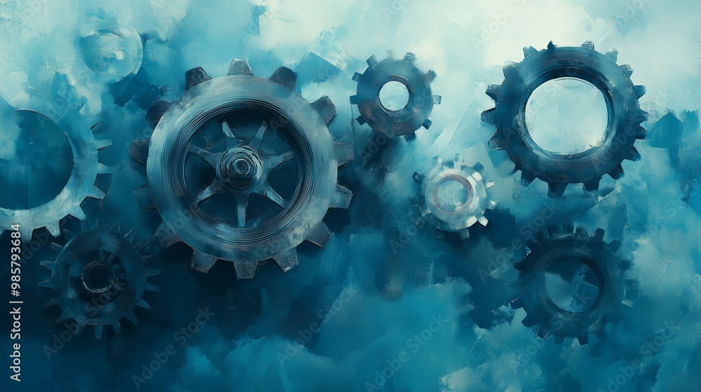 flat animated painting of faded grey cogs in blue grey background.Textured cracked concrete style. Blue grunge background. Decorative plaster structure. Grungy shabby uneven solid painted facade flat animated painting of faded grey cogs in blue grey background.Textured cracked concrete style. Blue grunge background. Decorative plaster structure. Grungy shabby uneven solid painted facade