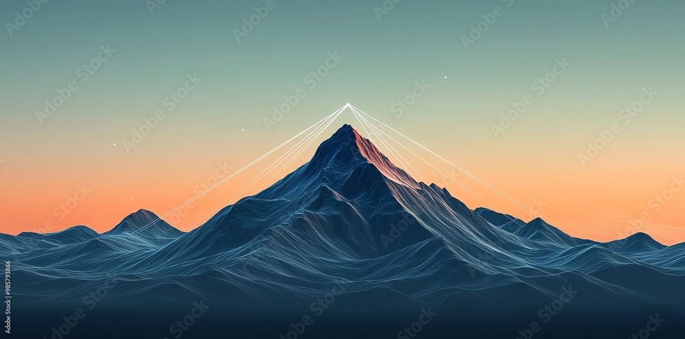 A stylized mountain range in a vibrant sunset with glowing lines leading to the peak. A stylized mountain range in a vibrant sunset with glowing lines leading to the peak.