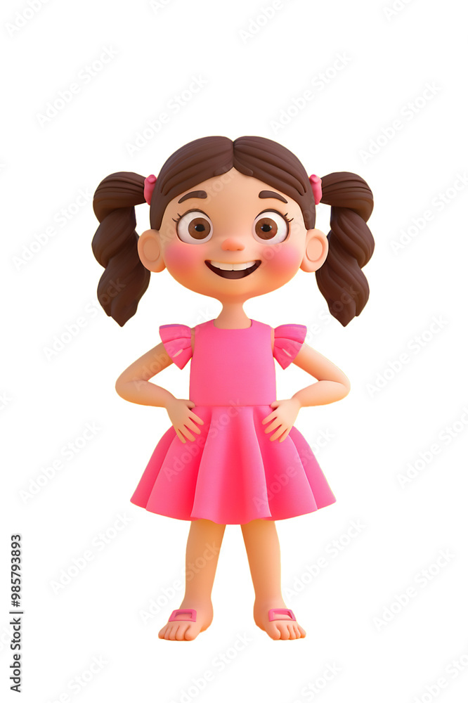 3d character cartoon a cheerful girl with pigtail in pink dress cut out 3d character cartoon a cheerful girl with pigtail in pink dress cut out