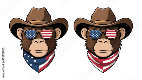 Playful cartoon monkey wearing a cowboy hat and sunglasses, showcasing American patriotism in a fun and creative style.