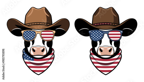 Playful cartoon cows wearing cowboy hats and sunglasses, sporting American flags. Perfect for fun ranch or farm-themed designs.