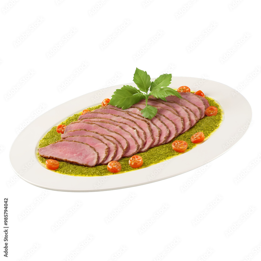Lamb tongue tender thin slices salsa verde zigzags Food and Culinary concept Lamb tongue tender thin slices salsa verde zigzags Food and Culinary concept