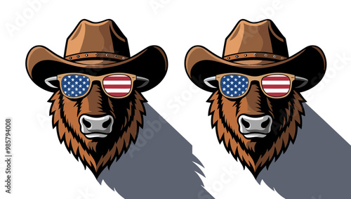 Graphic design featuring bison wearing cowboy hats and sunglasses with an American flag pattern, symbolizing American culture.