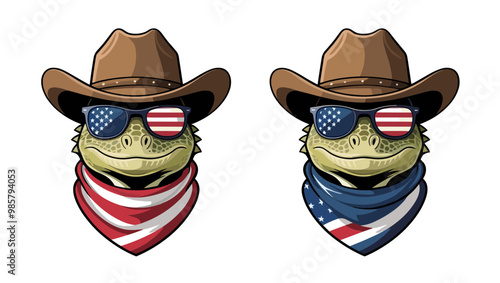 Fun cowboy lizard illustrations with sunglasses and patriotic accessories, perfect for themed designs and creative projects.