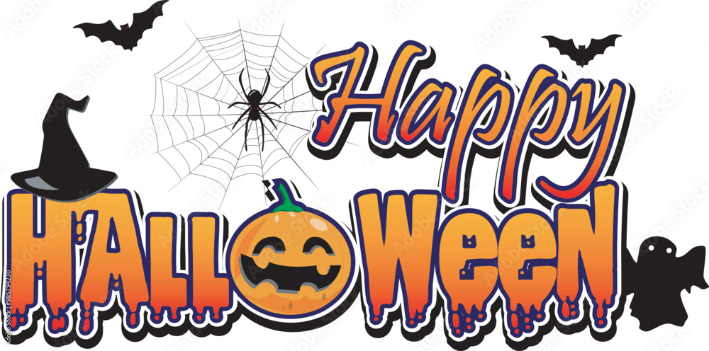 Obraz premium Happy Halloween Letters, Orange gradient letter and Pumpkin with black witch hat, spider and bat.