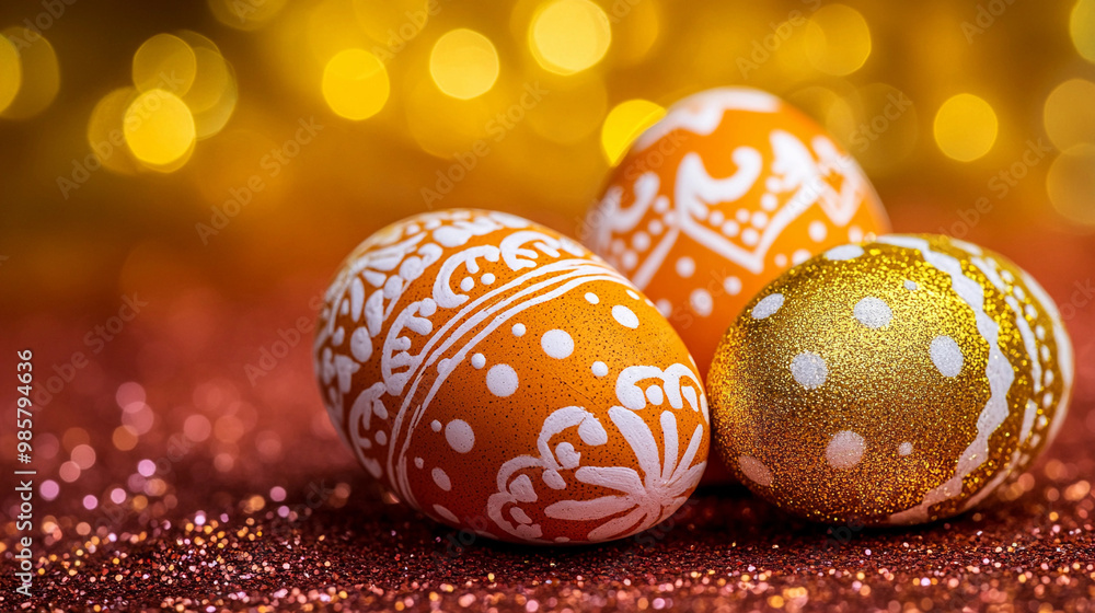 Three eggs with gold and white designs on them are sitting on a red background. The eggs are decorated with glitter, giving them a festive and celebratory appearance. Concept of joy and excitement Three eggs with gold and white designs on them are sitting on a red background. The eggs are decorated with glitter, giving them a festive and celebratory appearance. Concept of joy and excitement