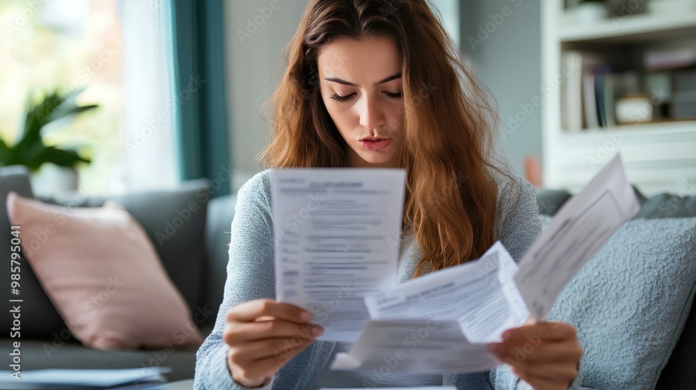 A woman with long hair looks intently at a stack of papers at home, appearing absorbed in reviewing the documents. A woman with long hair looks intently at a stack of papers at home, appearing absorbed in reviewing the documents.