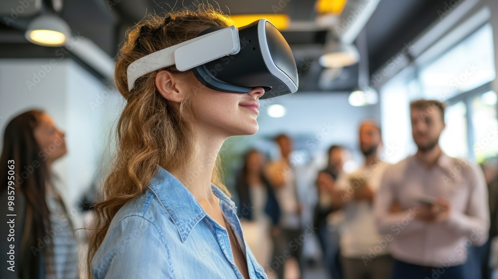 Woman Experiencing Virtual Reality with Headset in an Office Setting Woman Experiencing Virtual Reality with Headset in an Office Setting