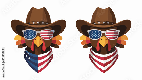 A fun and festive cowboy turkey illustration, featuring American flag sunglasses and bandanas for a patriotic theme.