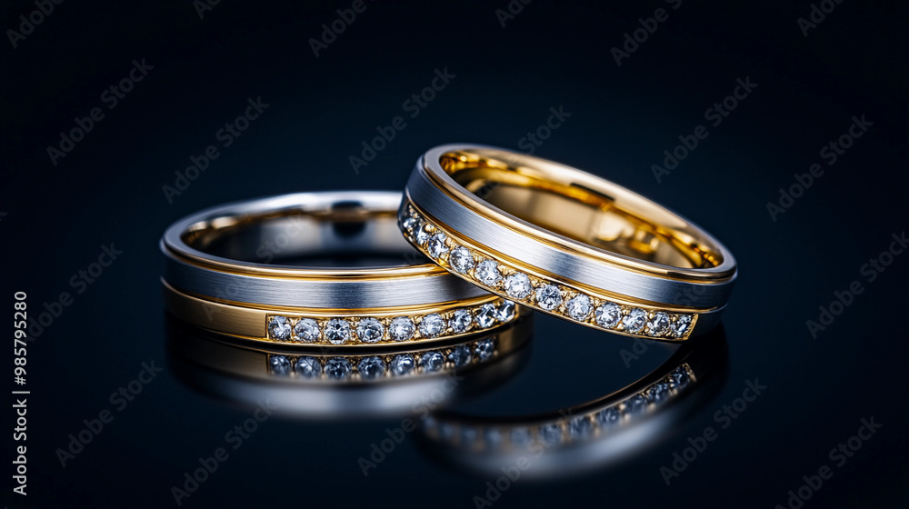 Two gold and silver wedding rings with diamonds on them. The rings are set in a black background Two gold and silver wedding rings with diamonds on them. The rings are set in a black background