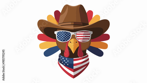 A festive turkey in a cowboy hat with sunglasses, celebrating Thanksgiving with a patriotic flair and colorful feathers.