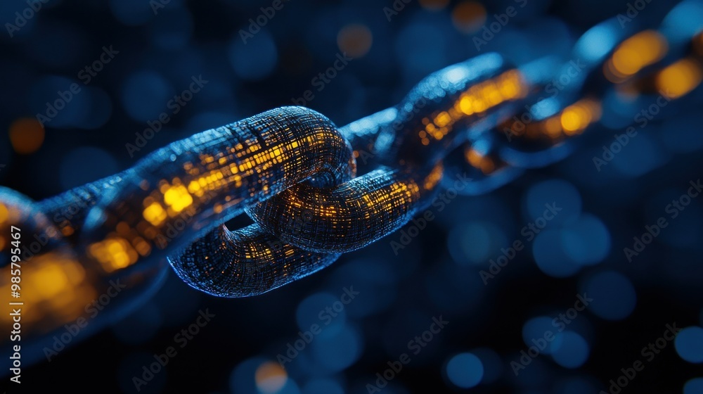 Close-up of a Shiny, Interconnected Metal Chain with Glowing Lights Close-up of a Shiny, Interconnected Metal Chain with Glowing Lights