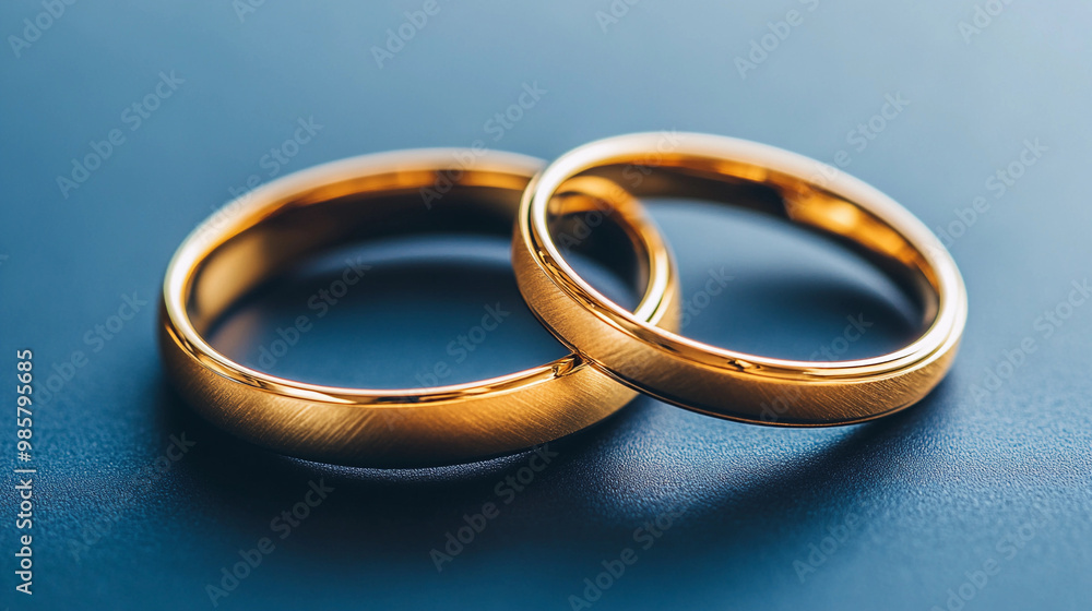 Two gold wedding rings on a blue surface. The rings are placed next to each other and appear to be of the same size Two gold wedding rings on a blue surface. The rings are placed next to each other and appear to be of the same size