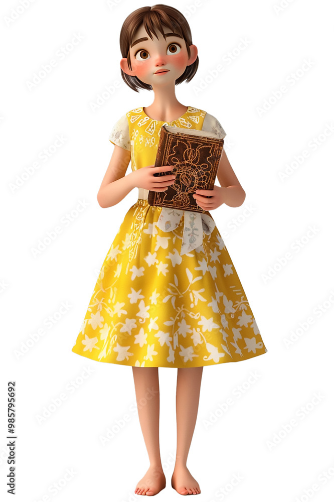 3d cartoon character of a sweet youth full body in yellow dress holding a book in hands cut out 3d cartoon character of a sweet youth full body in yellow dress holding a book in hands cut out