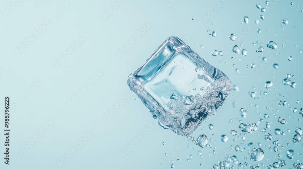 A single ice cube mid-air on a pastel blue background, with water droplets flying around.