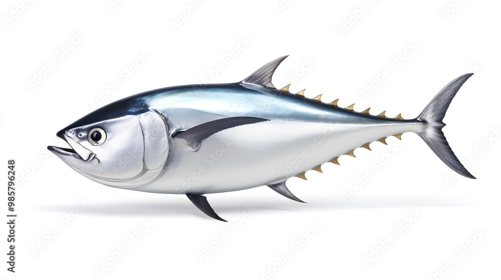 Fresh whole tuna fish with glossy silver skin isolated on white background Fresh whole tuna fish with glossy silver skin isolated on white background