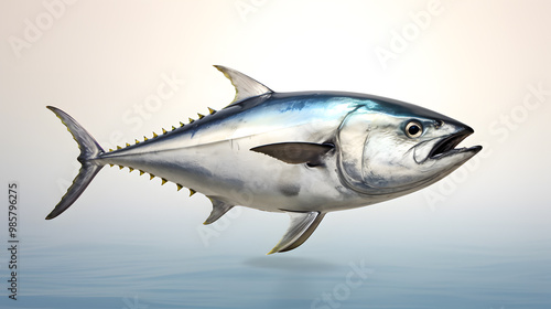 Fresh whole tuna fish with glossy silver skin isolated on white background