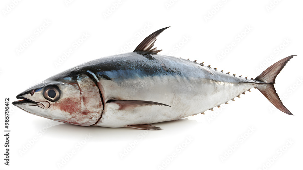 Fresh whole tuna fish with glossy silver skin isolated on white background Fresh whole tuna fish with glossy silver skin isolated on white background