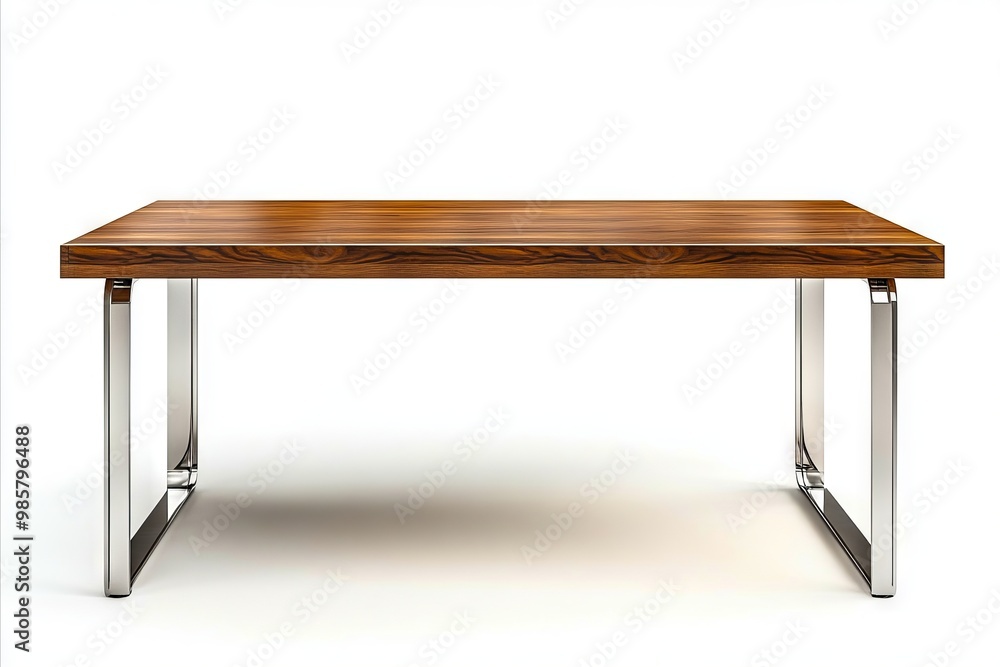A wooden table with chrome legs on a white background A wooden table with chrome legs on a white background