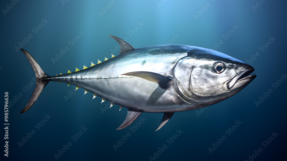 Fresh whole tuna fish with glossy silver skin isolated on dark blue background Fresh whole tuna fish with glossy silver skin isolated on dark blue background