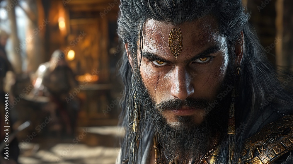 Intense Portrait of a Viking Warrior with Golden Jewelry Intense Portrait of a Viking Warrior with Golden Jewelry
