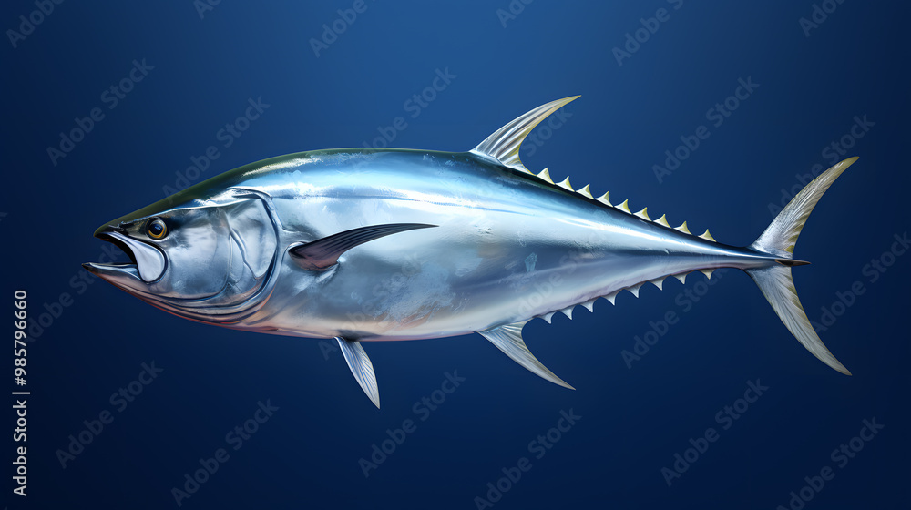 Fototapeta premium Fresh whole tuna fish with glossy silver skin isolated on dark blue background