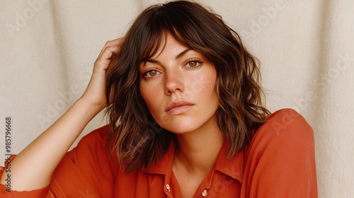 A woman with brown hair and a red shirt. She is sitting and looking at the camera. The image has a warm and inviting mood