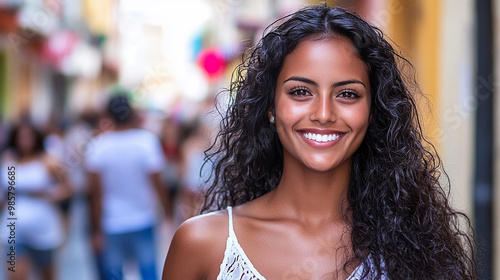 A woman with long hair is smiling and standing in a busy street. She is wearing a white tank top and is surrounded by other people