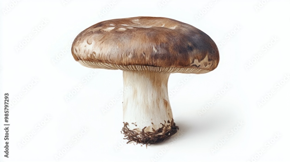 A Single Brown Cap Mushroom with White Stem on a White Background A Single Brown Cap Mushroom with White Stem on a White Background