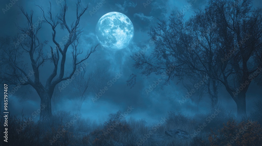 Fototapeta premium Misty forest with dry trees and full moon in dark night setting