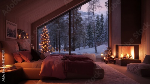 A double-height bedroom with a large, floor-to-ceiling window on one side log cabin. Outside is a dark snow-covered landscape. photo