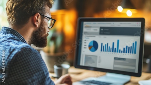 Bearded Man in Glasses Analyzing Data on a Computer Monitor