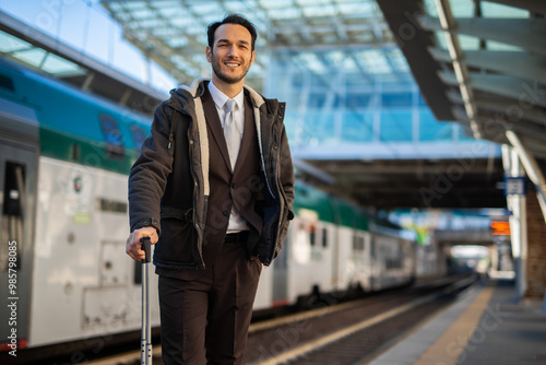 Smiling businessman at train station