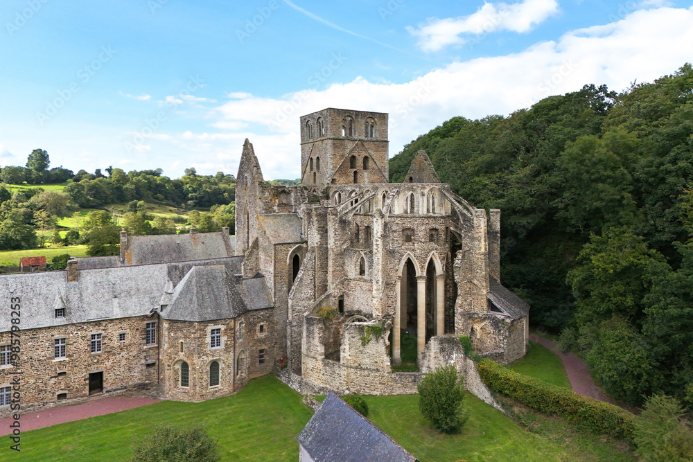 Aerial view of the ruins of Notre Dame de Hambye abbey in Normandy, France Aerial view of the ruins of Notre Dame de Hambye abbey in Normandy, France