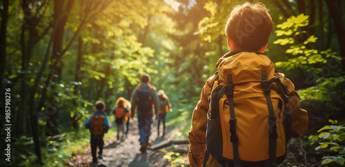 Group of children and adults hiking through lush green forest on sunny day, with backpacks. Concept of adventure and exploration