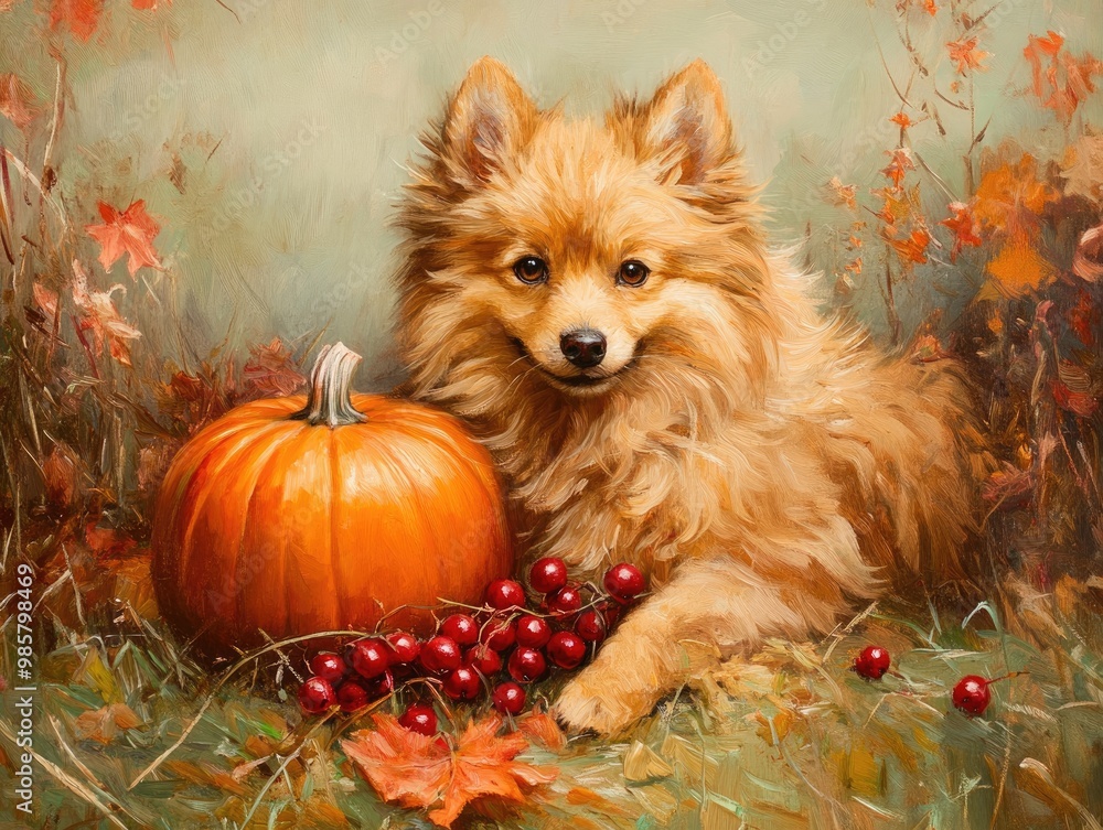 Fluffy dog with pumpkin and red berries on green grass Fluffy dog with pumpkin and red berries on green grass