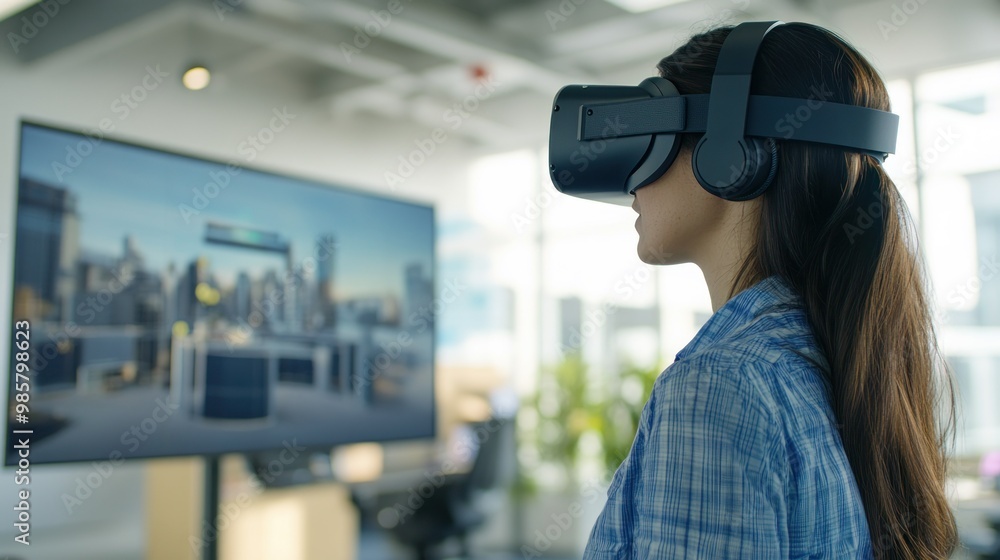 Woman Wearing Virtual Reality Headset in Office Setting Woman Wearing Virtual Reality Headset in Office Setting